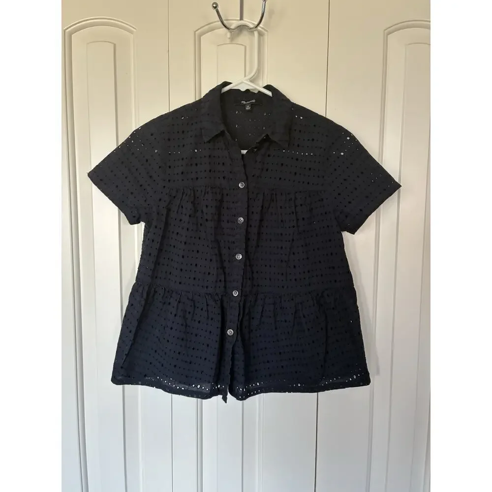 Madewell Navy Blue Blouse Eyelet Seamed Button Down Shirt 100% Cotton Sz XS - Picture 2 of 4